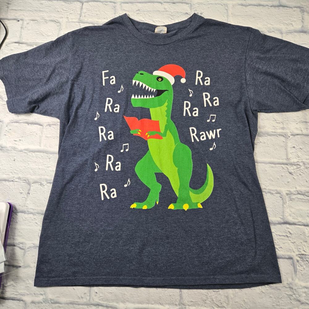 Fa Rawr Caroling T-Rex Tee Scary Santa Hat Heather Blue Christmas Holiday Large